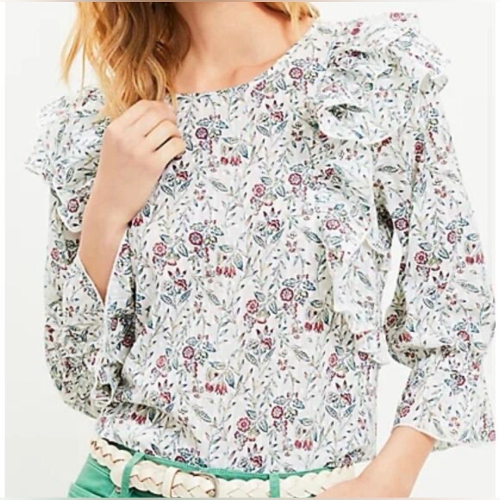 LOFT Floral Scalloped Ruffle Cottage Blouse size SP